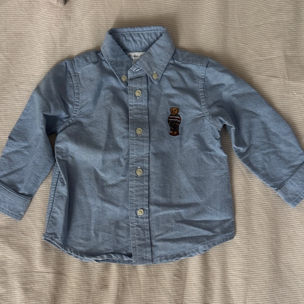 Almost New Ralph Lauren Blue Oxford Shirt with Bear Embroidery
